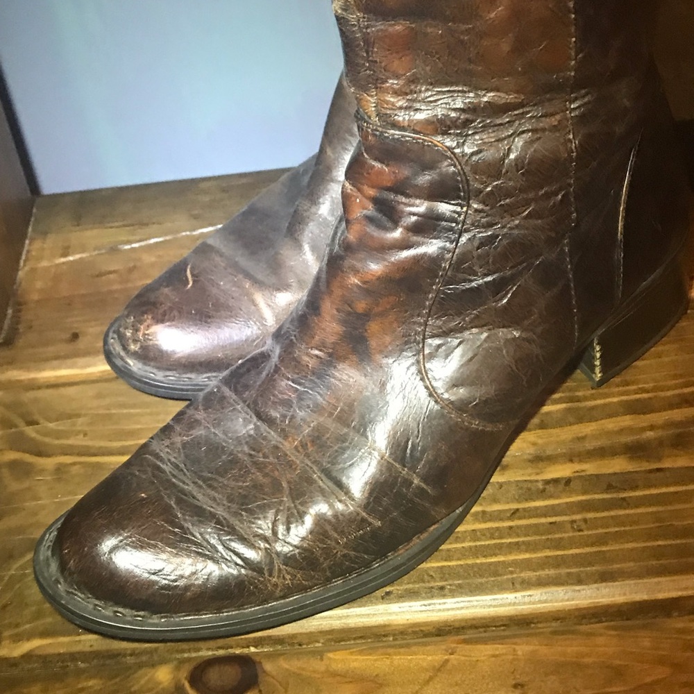 Dark Brown Crackle Leather Tall Boots - 11 - Picture 2 of 5